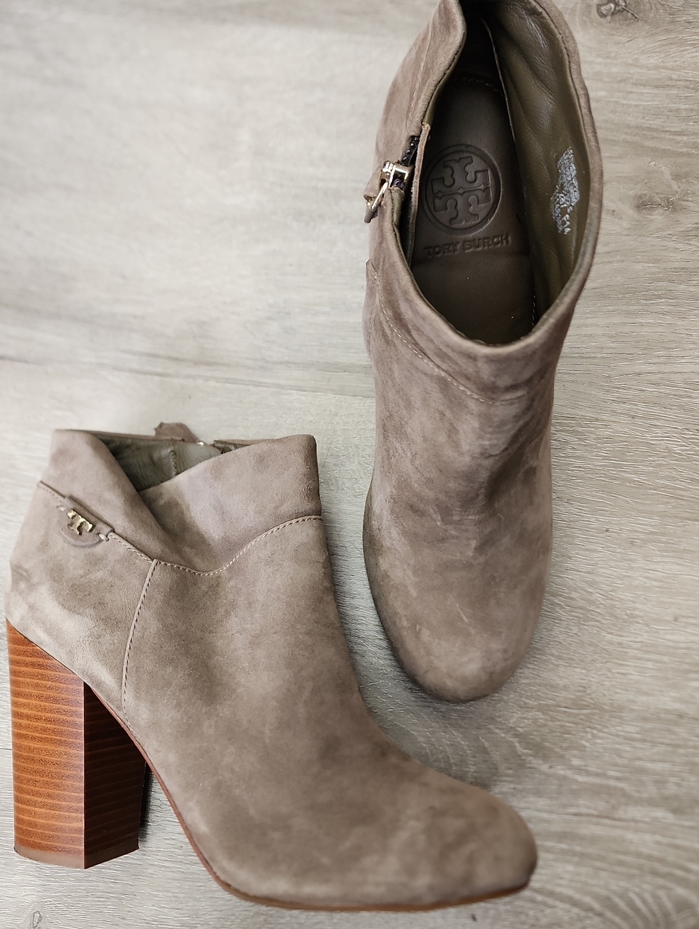 Tory Burch Taupe Suede Stacked Heel Booties